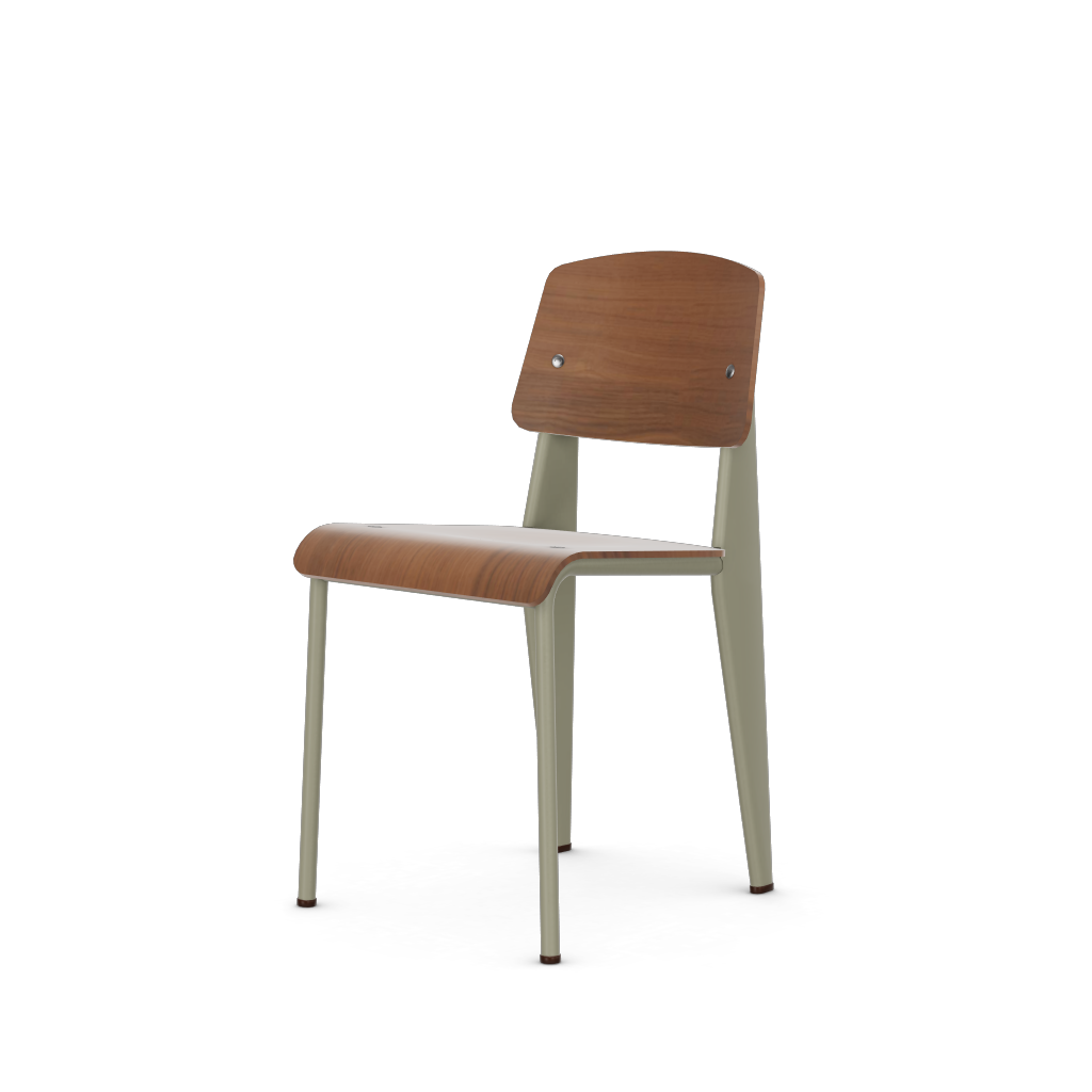 Standard Chair by Vitra #Prouvé Gris Vermeer powder-coated (smooth), brown glides / walnut, black pigmented