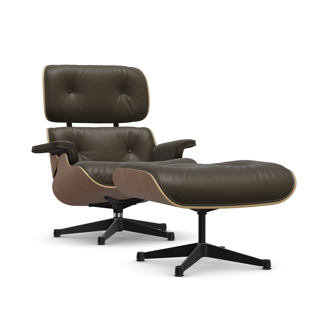 Lounge Chair & Ottoman (New Dimensions) by Vitra #american cherry/polished / sides black/Leather Premium F - khaki