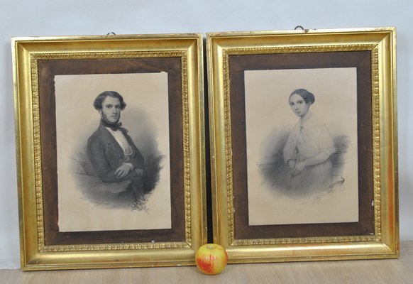 A. Fleisner, Drawings, Young People, 1842, Paper, Framed, Set of 2-SYQ-1233385