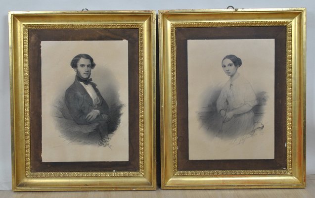 A. Fleisner, Drawings, Young People, 1842, Paper, Framed, Set of 2-SYQ-1233385