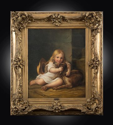 A. Lemoine, Little Girl with Dog, 19th Century, Oil on Canvas, Framed-KKK-1823306