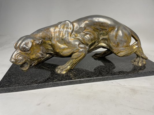 A. Santini, Jaguar, 1970s, Pewter with Marble and Granite Base-GKM-1811151