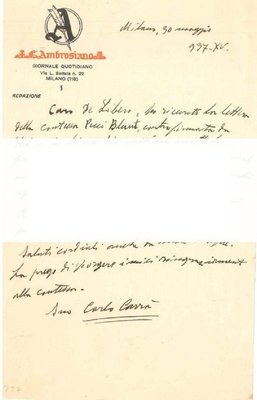 ''About the New York Exihibition''- Letter by C. Carrà to L. de Libero - 1937 1920 ca.-ZCI-758870