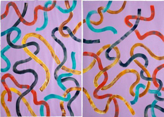 Abstract Diptych of Vibrant Yellow Strokes on Violet Painting, 2020, Set of 2-RWC-789801