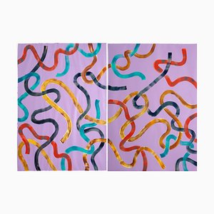 Abstract Diptych of Vibrant Yellow Strokes on Violet Painting, 2020, Set of 2-RWC-789801