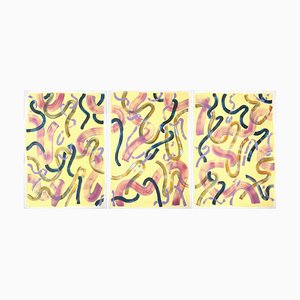 Abstract Painting Triptych of Eggshell Yellow Curls, 2021-RWC-979098