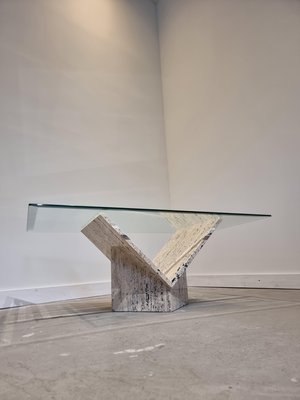 Abstract Travertine and Glass Coffee Table-GNW-1231699