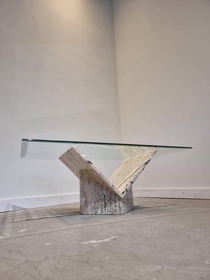 Abstract Travertine and Glass Coffee Table-GNW-1231699