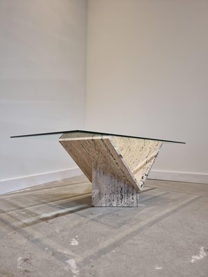 Abstract Travertine and Glass Coffee Table-GNW-1231699