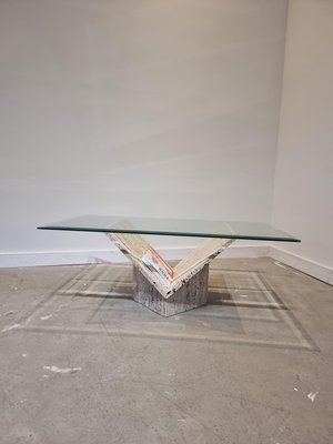 Abstract Travertine and Glass Coffee Table-GNW-1231699