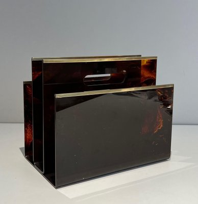 Acrylic Glass and Brass Magazine Rack, 1970s-BA-1691665