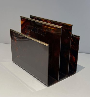 Acrylic Glass and Brass Magazine Rack, 1970s-BA-1691665