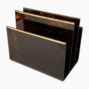 Acrylic Glass and Brass Magazine Rack, 1970s-BA-1691665