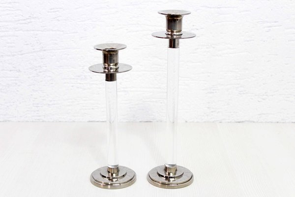 Acrylic Glass and Silver Metal Candleholders attributed to Svenskt Tenn, Stockholm, 1960s, Set of 2-BQF-1719163