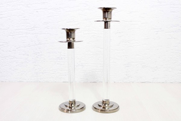 Acrylic Glass and Silver Metal Candleholders attributed to Svenskt Tenn, Stockholm, 1960s, Set of 2-BQF-1719163