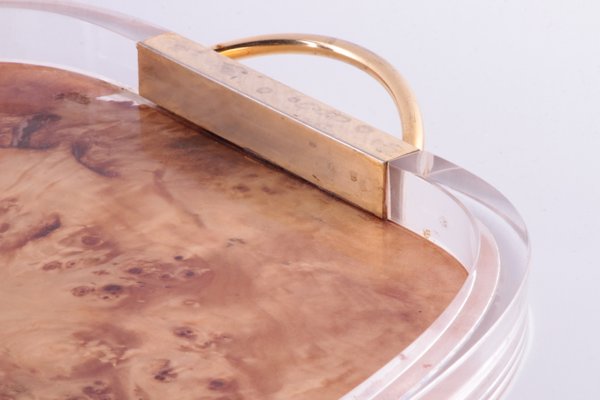 Acrylic Glass and Walnut Tray with Golden Handles by Aldo Tura, 1960s-EZZ-557995