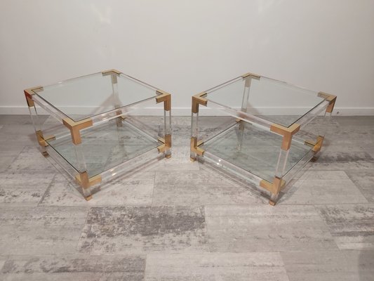 Acrylic Glass & Brass Side Tables, 1970s, Set of 2-WBX-570556