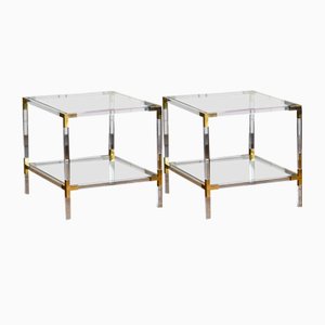 Acrylic Glass Tables with Brass Details and Crystal Tops, 1970s, Set of 2-MNF-1225701