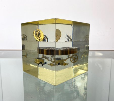 Acrylic Paperweight Cube Sculpture With Clock Parts by Pierre Giraudon, 1970s-LYQ-1171678