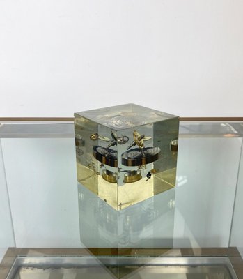 Acrylic Paperweight Cube Sculpture With Clock Parts by Pierre Giraudon, 1970s-LYQ-1171678