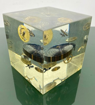 Acrylic Paperweight Cube Sculpture With Clock Parts by Pierre Giraudon, 1970s-LYQ-1171678