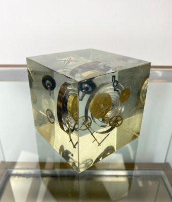 Acrylic Paperweight Cube Sculpture With Clock Parts by Pierre Giraudon, 1970s-LYQ-1171678