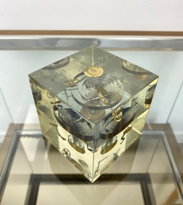 Acrylic Paperweight Cube Sculpture With Clock Parts by Pierre Giraudon, 1970s-LYQ-1171678