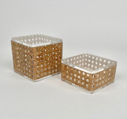 Acrylic & Rattan Box, Italy, 1970s, Set of 2-LYQ-1171421