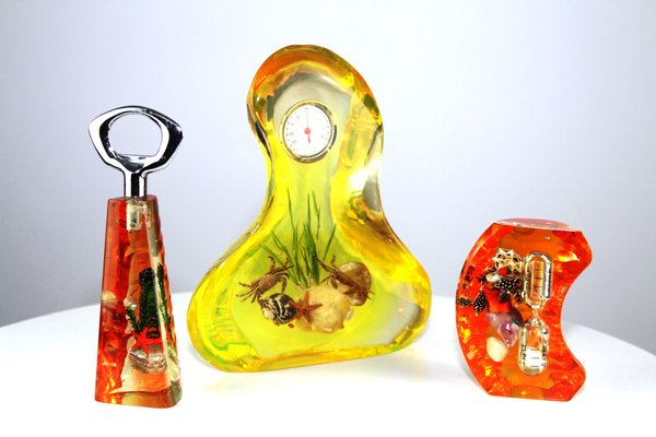 Acrylic Thermometer, Bottle Opener, and Hourglass Set, 1950s, Set of 3-ZWH-541270