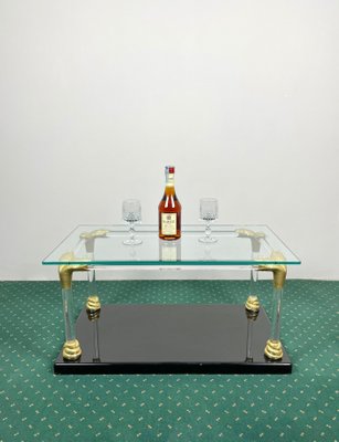 Acrylic, Wood & Brass Coffee Table, Italy, 1970s-LYQ-1171469