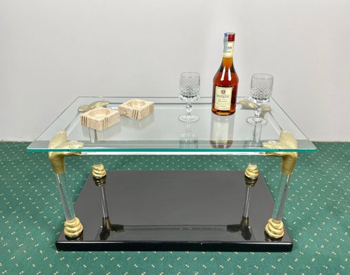 Acrylic, Wood & Brass Coffee Table, Italy, 1970s-LYQ-1171469