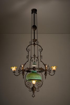 Adjustable Height Chandelier with Original Glasswork and Brass Detailing-POG-2019547