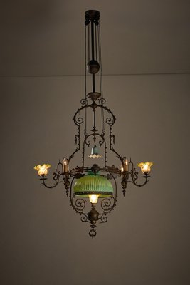 Adjustable Height Chandelier with Original Glasswork and Brass Detailing-POG-2019547