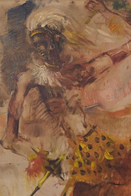 African Dancing Warrior with Cockerel, Mid-20th Century, Oil on Canvas-AOI-1356975