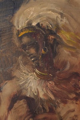 African Dancing Warrior with Cockerel, Mid-20th Century, Oil on Canvas-AOI-1356975