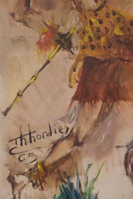 African Dancing Warrior with Cockerel, Mid-20th Century, Oil on Canvas-AOI-1356975