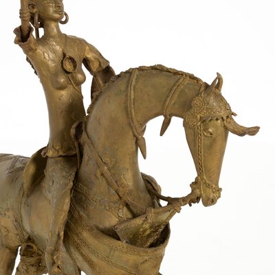 African Tribal Bronze Sculpture - Female Warrior on a Horse-VT-849286