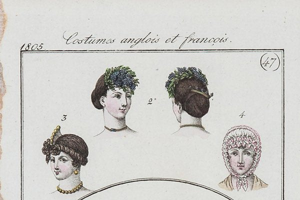 After Horace Vernet, Series: Costumes Anglais et Français, Fashion Graphics: Hats and Hairstyles, 1805, France, Print, Framed-FSD-1117702