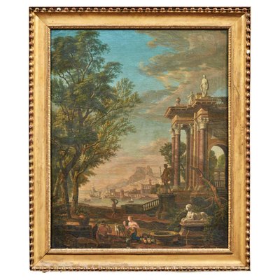 After I. De Moucheron, Landscape with a Fountain, 18th Century, Painting on Canvas-FDW-2042791