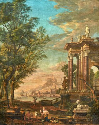 After I. De Moucheron, Landscape with a Fountain, 18th Century, Painting on Canvas-FDW-2042791