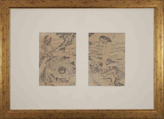 After Katsushika Hokusai, Pair of Figures, Woodcut, Late 19th Century, Framed-ZCI-1394365