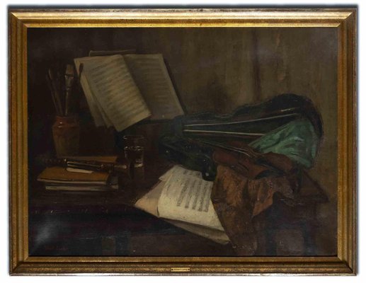 Albert Lang, Still Life with Violin, Music Sheets and Brushes, Oil on Canvas-ZCI-1221158