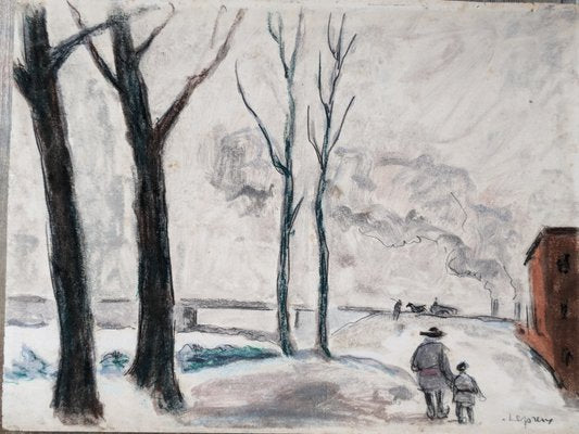 Albert Lepreux, Father and Child in a Landscape, Early 20th Century, Mixed Media on Paper-NRC-1794574