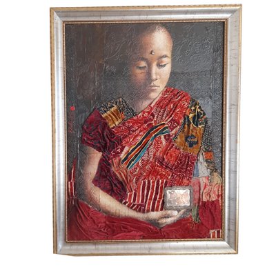 Alejandro Hermann, Tibetan Boy, Mixed Technique, Silk and Organic Textures on Canvas, Framed-TCS-1087212