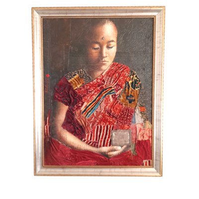 Alejandro Hermann, Tibetan Boy, Mixed Technique, Silk and Organic Textures on Canvas, Framed-TCS-1087212