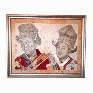 Alejandro Hermann, Tibetan Children, Mixed Technique with Silk and Organic Textures on Canvas, Framed-TCS-1087223