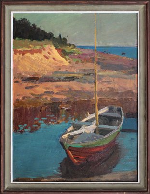 Alfejs Bromults, Boat on the River Bank, 1980, Oil on Cardboard-FNC-1800258