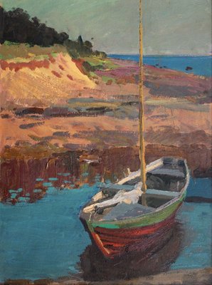 Alfejs Bromults, Boat on the River Bank, 1980, Oil on Cardboard-FNC-1800258