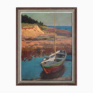 Alfejs Bromults, Boat on the River Bank, 1980, Oil on Cardboard-FNC-1800258