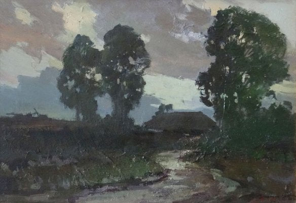 Alfejs Bromults, Road to the Home at Summer Evening, 1973, Oil on Cardboard-FNC-1800169